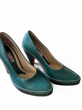 Marni Teal Leather Stitched Platform Pumps